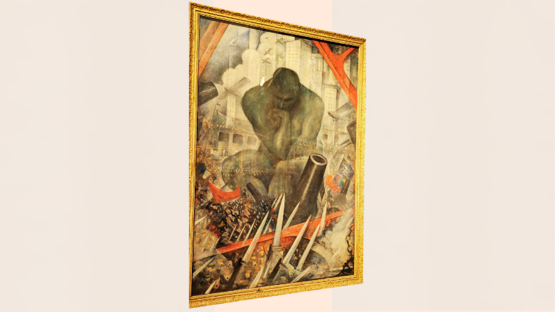 Painting of a thinking man surrounded by war and chaos